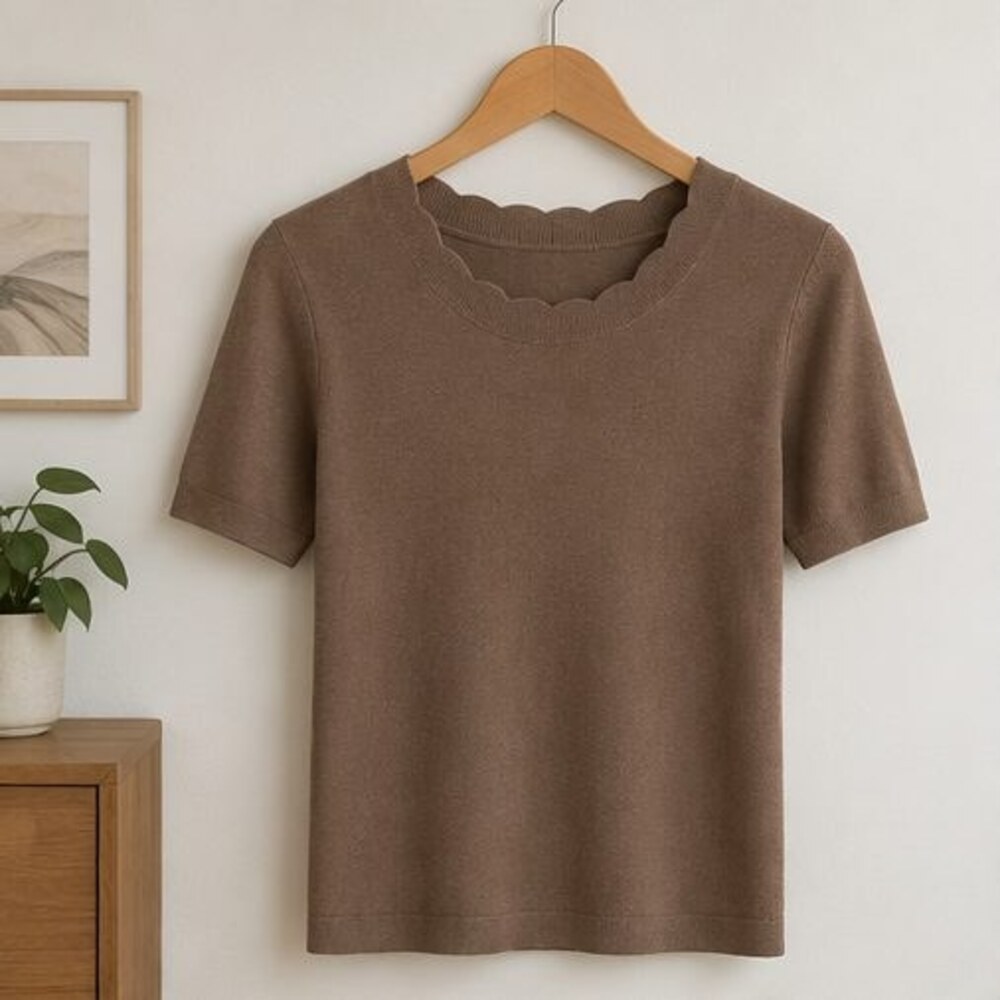 Mocha Scallop Neck Knit Top